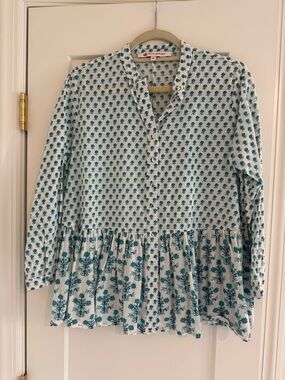 Ro’s Garden Teal Floral Peplum Button-Up Blouse
